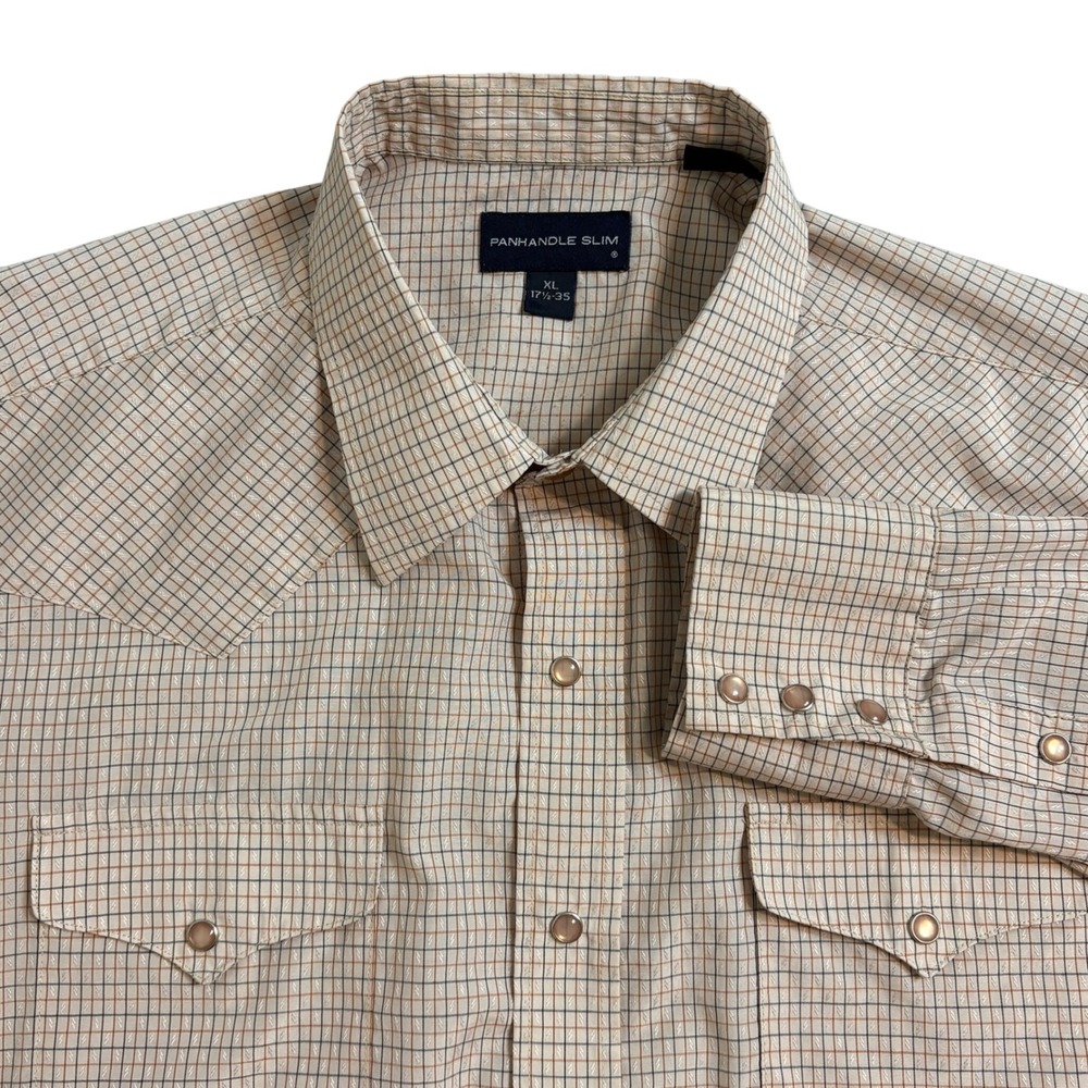 Panhandle Slim Mens XL Western Pearl Snap Shirt Tan Blue Check Dobby 3039067